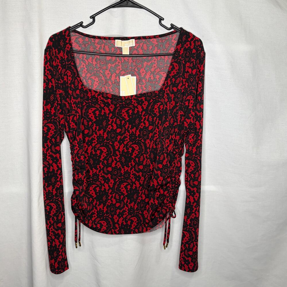 Michael Kors Red & Black Lace Print Long Sleeve Blouse New L